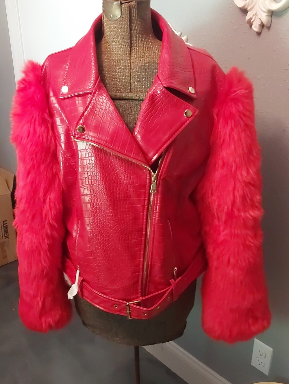 Red Faux-Leather Moto Jacket with Plush Faux-Fur Sleeves
